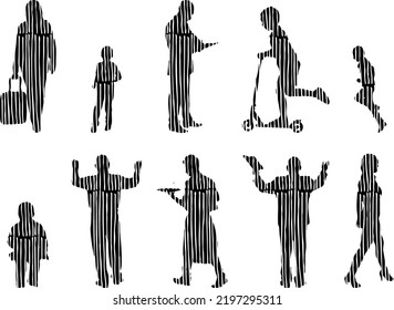 Vector silhouettes, Outline silhouettes of people, Contour drawing, people silhouette, Icon Set Isolated, Silhouette of sitting people, Architectural set	
