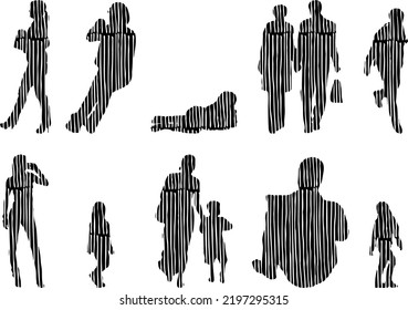 Vector silhouettes, Outline silhouettes of people, Contour drawing, people silhouette, Icon Set Isolated, Silhouette of sitting people, Architectural set	
