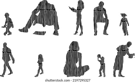 Vector silhouettes, Outline silhouettes of people, Contour drawing, people silhouette, Icon Set Isolated, Silhouette of sitting people, Architectural set	
