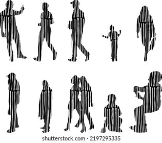Vector silhouettes, Outline silhouettes of people, Contour drawing, people silhouette, Icon Set Isolated, Silhouette of sitting people, Architectural set	
