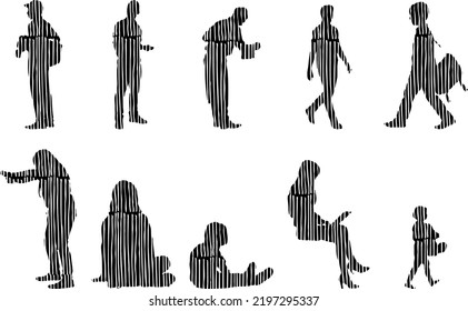 Vector silhouettes, Outline silhouettes of people, Contour drawing, people silhouette, Icon Set Isolated, Silhouette of sitting people, Architectural set	
