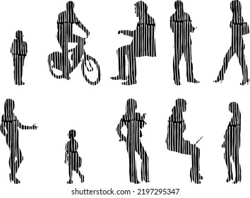 Vector silhouettes, Outline silhouettes of people, Contour drawing, people silhouette, Icon Set Isolated, Silhouette of sitting people, Architectural set	
