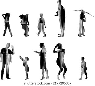 Vector silhouettes, Outline silhouettes of people, Contour drawing, people silhouette, Icon Set Isolated, Silhouette of sitting people, Architectural set	
