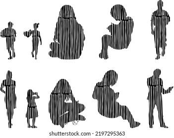 Vector silhouettes, Outline silhouettes of people, Contour drawing, people silhouette, Icon Set Isolated, Silhouette of sitting people, Architectural set	
