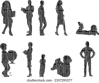 Vector silhouettes, Outline silhouettes of people, Contour drawing, people silhouette, Icon Set Isolated, Silhouette of sitting people, Architectural set	
