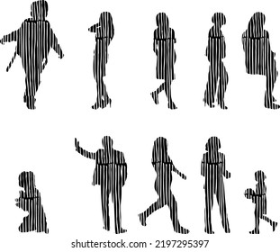 Vector silhouettes, Outline silhouettes of people, Contour drawing, people silhouette, Icon Set Isolated, Silhouette of sitting people, Architectural set	
