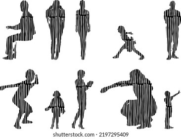 Vector silhouettes, Outline silhouettes of people, Contour drawing, people silhouette, Icon Set Isolated, Silhouette of sitting people, Architectural set	
