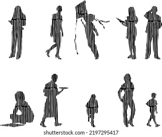 Vector silhouettes, Outline silhouettes of people, Contour drawing, people silhouette, Icon Set Isolated, Silhouette of sitting people, Architectural set	
