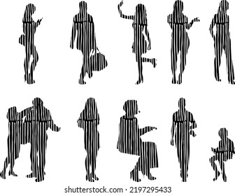 Vektor-Silhouetten, Silhouetten-Linien, Konturzeichnungen, Silhouette-Leute, Symbolsatz isoliert, Silhouette sitzender Menschen, Architekturset	
