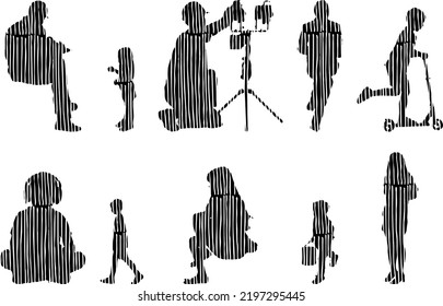 Vector silhouettes, Outline silhouettes of people, Contour drawing, people silhouette, Icon Set Isolated, Silhouette of sitting people, Architectural set	
