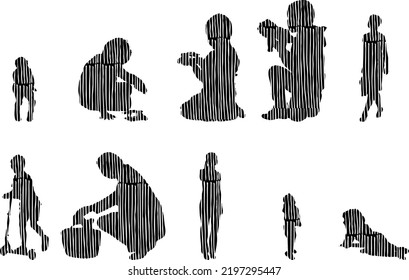 Vector silhouettes, Outline silhouettes of people, Contour drawing, people silhouette, Icon Set Isolated, Silhouette of sitting people, Architectural set	
