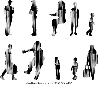 Vektor-Silhouetten, Silhouetten-Linien, Konturzeichnungen, Silhouette-Leute, Symbolsatz isoliert, Silhouette sitzender Menschen, Architekturset	
