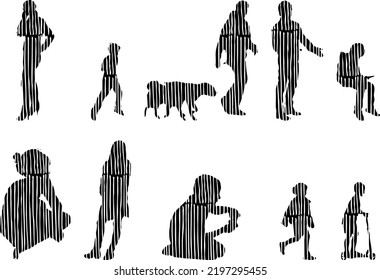 Vector silhouettes, Outline silhouettes of people, Contour drawing, people silhouette, Icon Set Isolated, Silhouette of sitting people, Architectural set	
