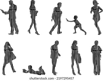 Vector silhouettes, Outline silhouettes of people, Contour drawing, people silhouette, Icon Set Isolated, Silhouette of sitting people, Architectural set	
