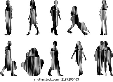 Vector silhouettes, Outline silhouettes of people, Contour drawing, people silhouette, Icon Set Isolated, Silhouette of sitting people, Architectural set	
