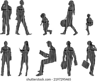 Vektor-Silhouetten, Silhouetten-Linien, Konturzeichnungen, Silhouette-Leute, Symbolsatz isoliert, Silhouette sitzender Menschen, Architekturset	
