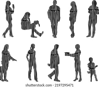Vector silhouettes, Outline silhouettes of people, Contour drawing, people silhouette, Icon Set Isolated, Silhouette of sitting people, Architectural set	
