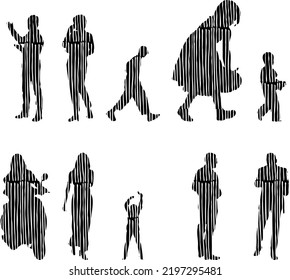 Vector silhouettes, Outline silhouettes of people, Contour drawing, people silhouette, Icon Set Isolated, Silhouette of sitting people, Architectural set	
