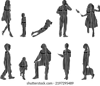 Vector silhouettes, Outline silhouettes of people, Contour drawing, people silhouette, Icon Set Isolated, Silhouette of sitting people, Architectural set	
