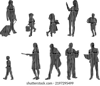 Vector silhouettes, Outline silhouettes of people, Contour drawing, people silhouette, Icon Set Isolated, Silhouette of sitting people, Architectural set	
