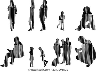 Vector silhouettes, Outline silhouettes of people, Contour drawing, people silhouette, Icon Set Isolated, Silhouette of sitting people, Architectural set	
