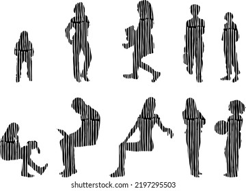 Vector silhouettes, Outline silhouettes of people, Contour drawing, people silhouette, Icon Set Isolated, Silhouette of sitting people, Architectural set	
