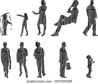 Vector silhouettes, Outline silhouettes of people, Contour drawing, people silhouette, Icon Set Isolated, Silhouette of sitting people, Architectural set	
