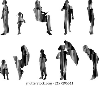 Vector silhouettes, Outline silhouettes of people, Contour drawing, people silhouette, Icon Set Isolated, Silhouette of sitting people, Architectural set	
