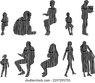 Vector silhouettes, Outline silhouettes of people, Contour drawing, people silhouette, Icon Set Isolated, Silhouette of sitting people, Architectural set	
