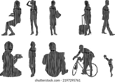 Vector silhouettes, Outline silhouettes of people, Contour drawing, people silhouette, Icon Set Isolated, Silhouette of sitting people, Architectural set	
