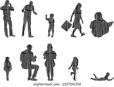 Vector silhouettes, Outline silhouettes of people, Contour drawing, people silhouette, Icon Set Isolated, Silhouette of sitting people, Architectural set	
