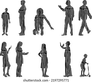 Vector silhouettes, Outline silhouettes of people, Contour drawing, people silhouette, Icon Set Isolated, Silhouette of sitting people, Architectural set	
