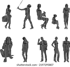 Vector silhouettes, Outline silhouettes of people, Contour drawing, people silhouette, Icon Set Isolated, Silhouette of sitting people, Architectural set	

