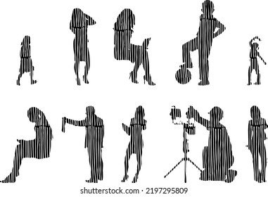 Vector silhouettes, Outline silhouettes of people, Contour drawing, people silhouette, Icon Set Isolated, Silhouette of sitting people, Architectural set	
