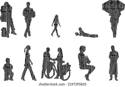 Vektor-Silhouetten, Silhouetten-Linien, Konturzeichnungen, Silhouette-Leute, Symbolsatz isoliert, Silhouette sitzender Menschen, Architekturset	
