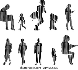 Vector silhouettes, Outline silhouettes of people, Contour drawing, people silhouette, Icon Set Isolated, Silhouette of sitting people, Architectural set	
