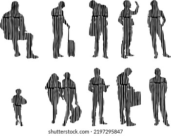 Vector silhouettes, Outline silhouettes of people, Contour drawing, people silhouette, Icon Set Isolated, Silhouette of sitting people, Architectural set	
