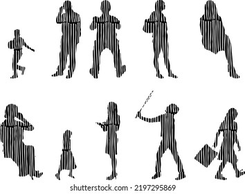 Vector silhouettes, Outline silhouettes of people, Contour drawing, people silhouette, Icon Set Isolated, Silhouette of sitting people, Architectural set	
