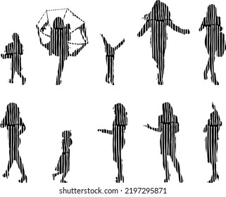Vector silhouettes, Outline silhouettes of people, Contour drawing, people silhouette, Icon Set Isolated, Silhouette of sitting people, Architectural set	
