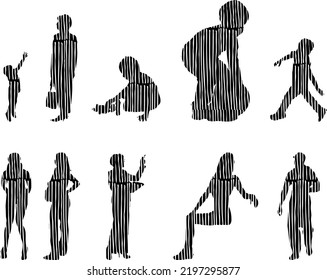 Vector silhouettes, Outline silhouettes of people, Contour drawing, people silhouette, Icon Set Isolated, Silhouette of sitting people, Architectural set	
