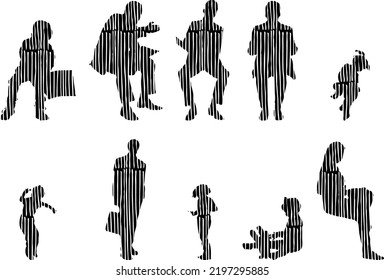 Siluetas vectoriales, Siluetas de contorno de personas, Dibujo de contorno, silueta de personas, Conjunto de iconos aislados, Silueta de personas sentadas, Conjunto arquitectónico	
