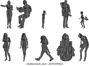 Vector silhouettes, Outline silhouettes of people, Contour drawing, people silhouette, Icon Set Isolated, Silhouette of sitting people, Architectural set	
