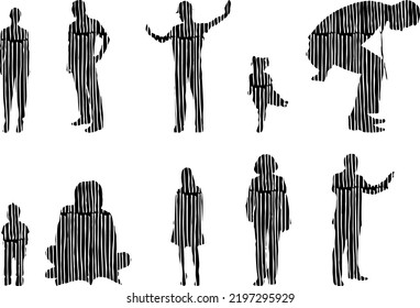 Vector silhouettes, Outline silhouettes of people, Contour drawing, people silhouette, Icon Set Isolated, Silhouette of sitting people, Architectural set	
