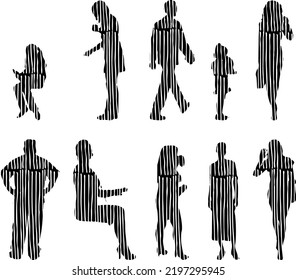 Vector silhouettes, Outline silhouettes of people, Contour drawing, people silhouette, Icon Set Isolated, Silhouette of sitting people, Architectural set	
