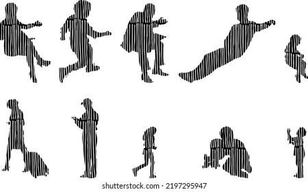 Vector silhouettes, Outline silhouettes of people, Contour drawing, people silhouette, Icon Set Isolated, Silhouette of sitting people, Architectural set	
