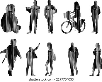 Vector silhouettes, Outline silhouettes of people, Contour drawing, people silhouette, Icon Set Isolated, Silhouette of sitting people, Architectural set	

