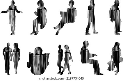 Vector silhouettes, Outline silhouettes of people, Contour drawing, people silhouette, Icon Set Isolated, Silhouette of sitting people, Architectural set	
