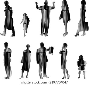 Vector silhouettes, Outline silhouettes of people, Contour drawing, people silhouette, Icon Set Isolated, Silhouette of sitting people, Architectural set	
