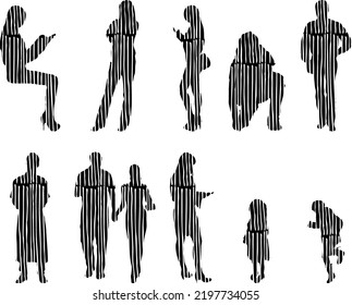 Vector silhouettes, Outline silhouettes of people, Contour drawing, people silhouette, Icon Set Isolated, Silhouette of sitting people, Architectural set	
