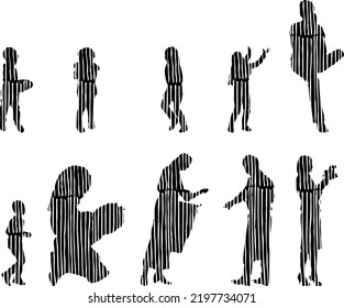 Vector silhouettes, Outline silhouettes of people, Contour drawing, people silhouette, Icon Set Isolated, Silhouette of sitting people, Architectural set	
